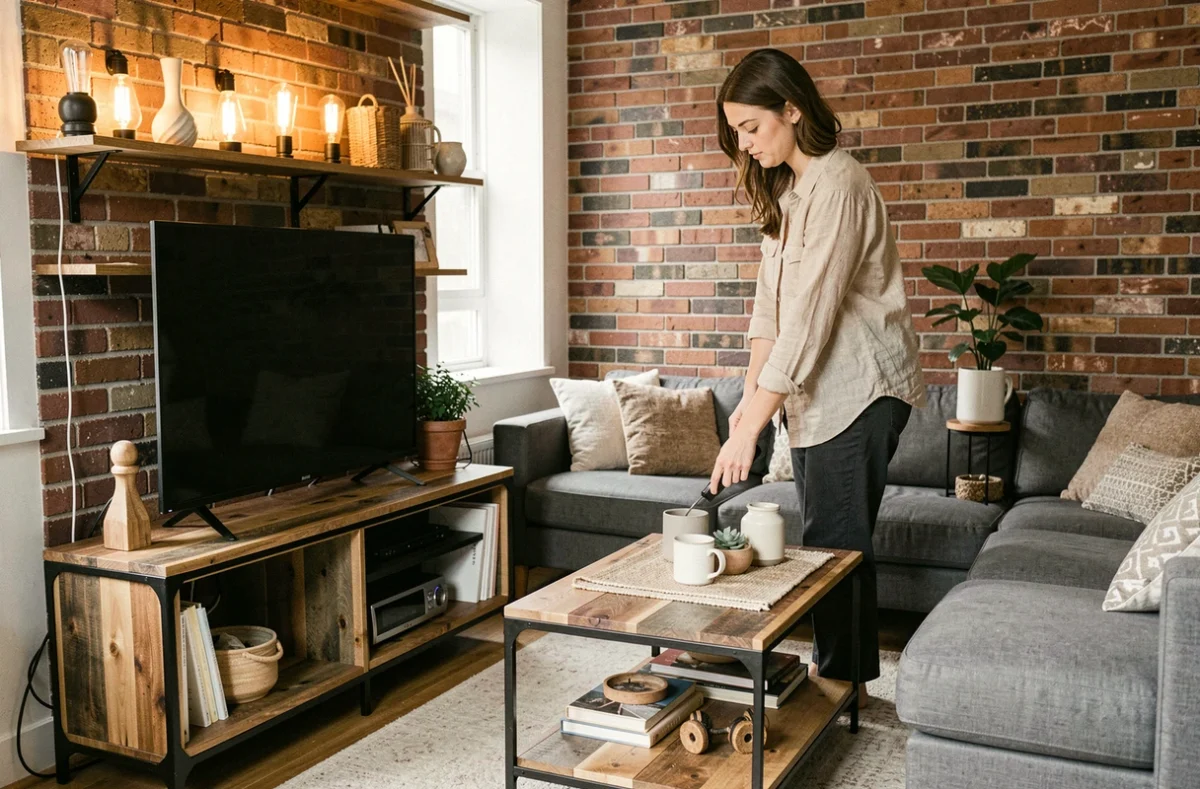 Jeune femme décorant un meuble télé industriel en bois recyclé et métal noir dans son appartement