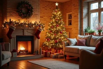 Salon décoré pour Noël avec guirlandes lumineuses blanc chaud autour d'un sapin et d'une cheminée en briques