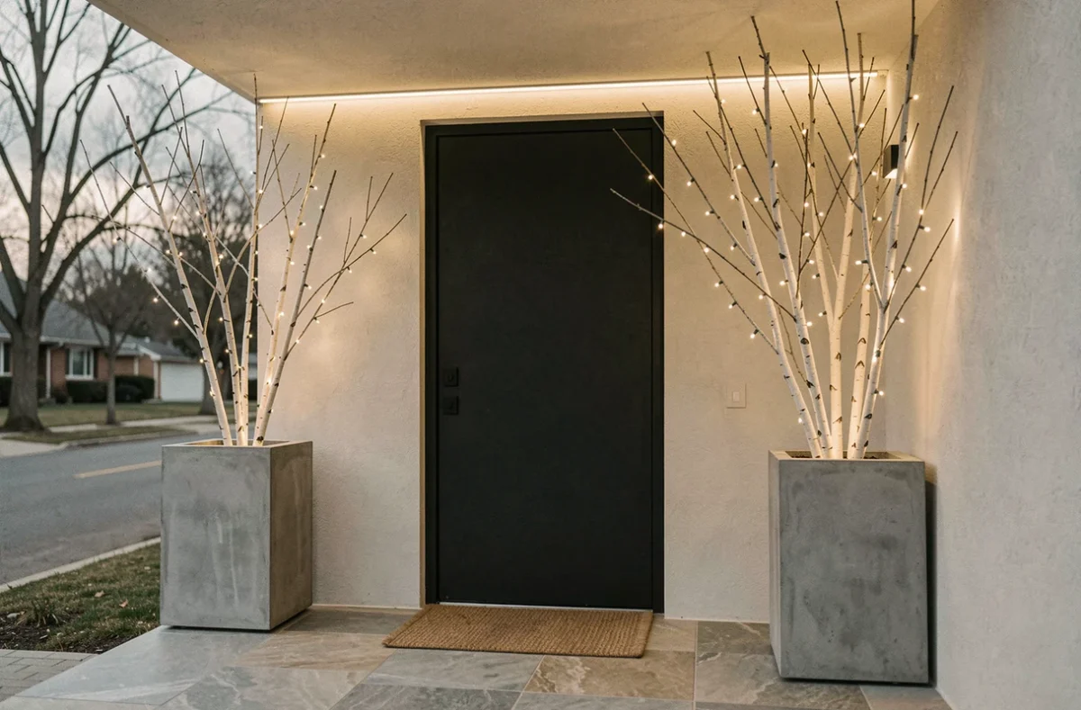 Entrée de maison contemporaine décorée pour Noël avec branches de bouleau illuminées de micro-LEDs blanches, porte noire mate et sol en pierre polie, style épuré et moderne