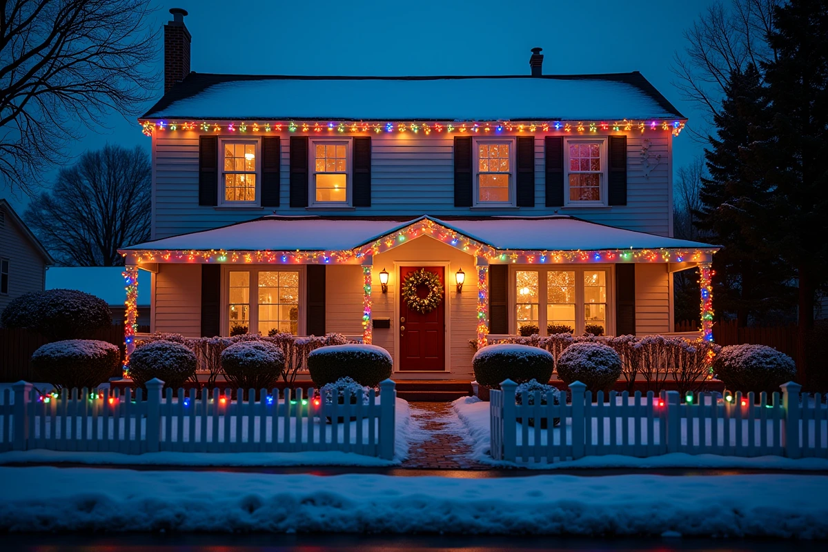 Façade de maison décorée de guirlandes lumineuses multicolores pour Noël sous un ciel de crépuscule enneigé