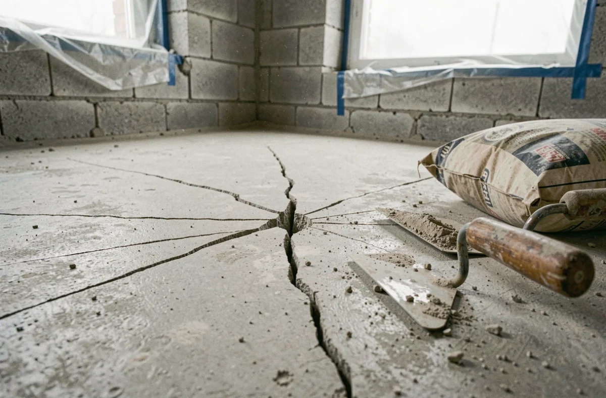 Gros plan sur une délamination et des fissures caractéristiques d'un surbet béton défectueux avec truelle et sac de ciment