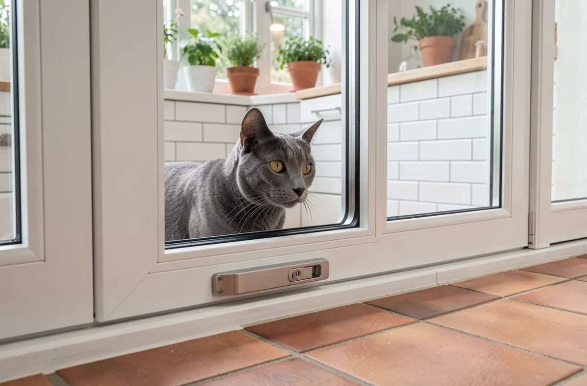 Détail de chatière amovible fixée sur une porte-fenêtre blanche avec chat gris regardant à travers le volet