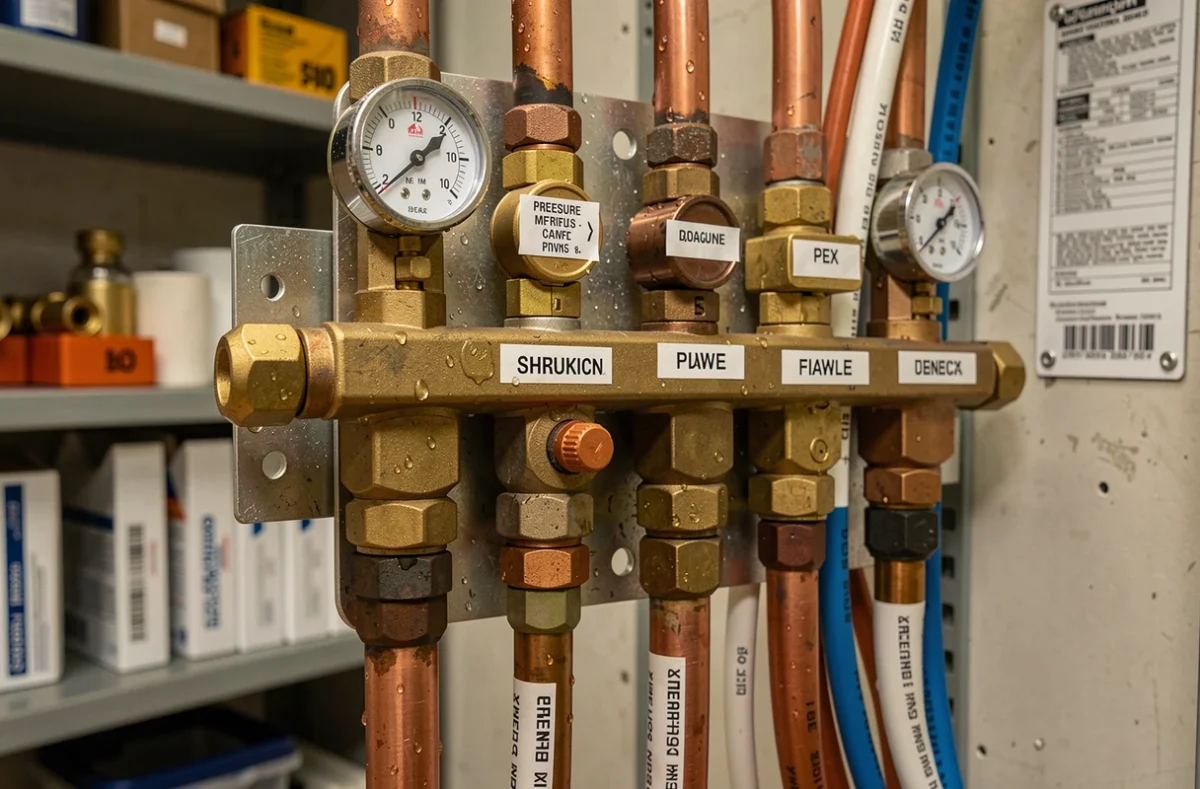 Détail du collecteur et des raccords en cuivre d'un système géothermique eau/eau dans une chaufferie résidentielle