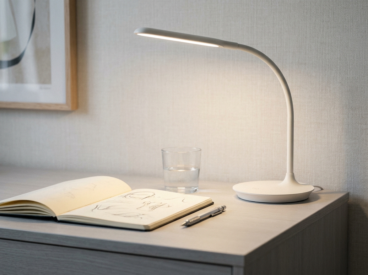 Gros plan sur un coin de bureau minimaliste avec lampe LED blanche, carnet de croquis ouvert et crayon sur surface grise