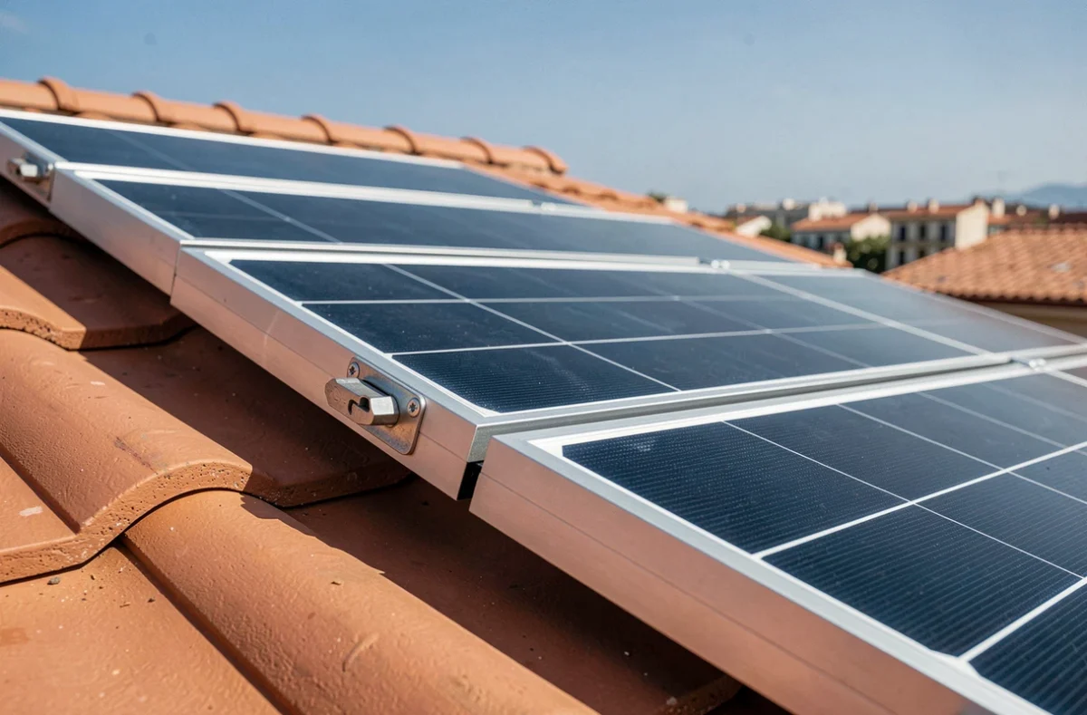 Gros plan sur les panneaux solaires photovoltaïques montés sur une toiture en tuiles à Perpignan