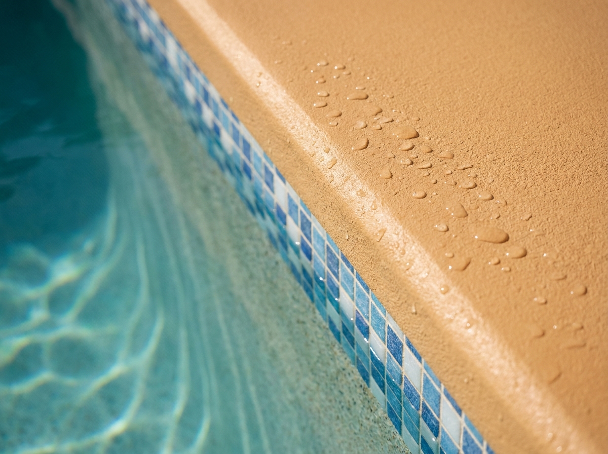 Gros plan sur la jonction entre résine de piscine et carrelage au niveau de la ligne d'eau avec gouttes d'eau visibles