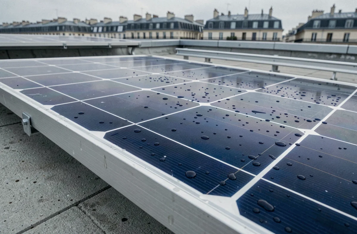 Gros plan sur la surface d'un panneau solaire 500 Wc monocristallin avec cellules photovoltaïques détaillées