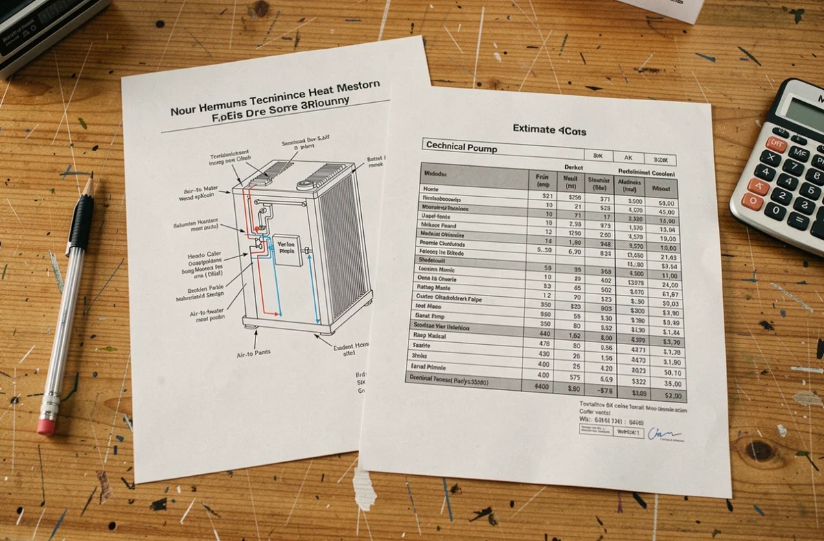 Devis et fiche technique d'une pompe à chaleur air eau 25 kW posés sur un bureau en bois