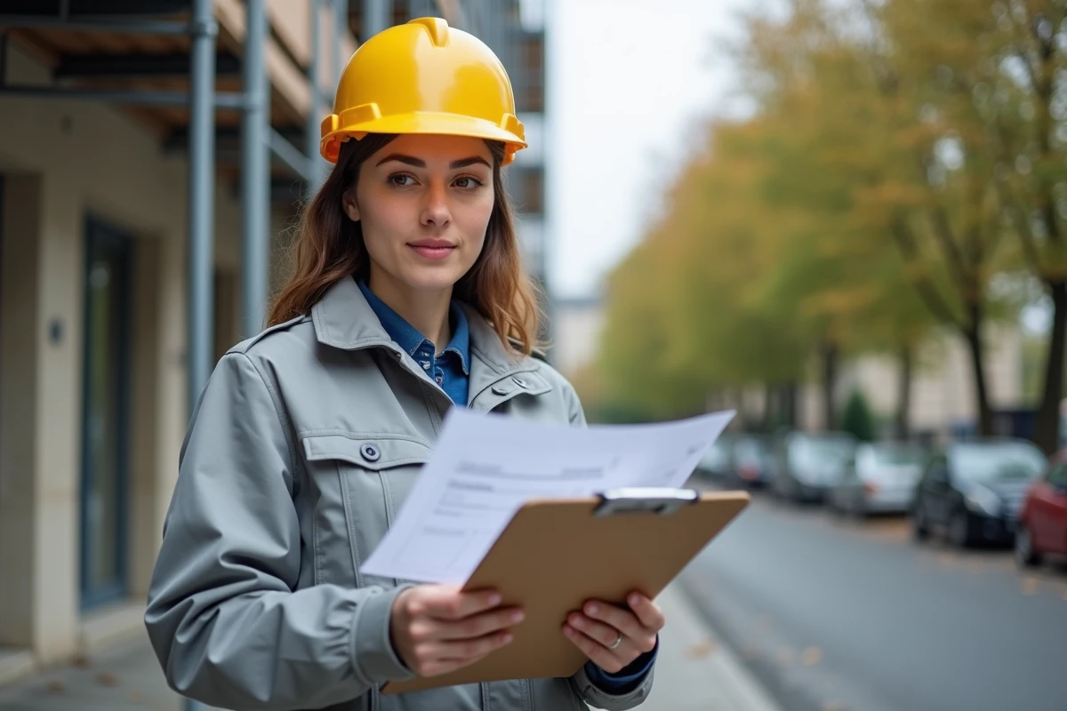 Chef de projet féminine évaluant le devis de nettoyage et réfection d'enduit de façade devant un immeuble en rénovation