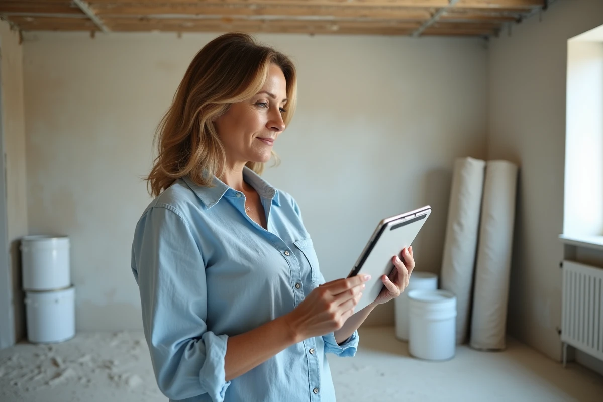 Femme consultant un site de comparaison de devis rénovation sur tablette dans un salon en cours de travaux