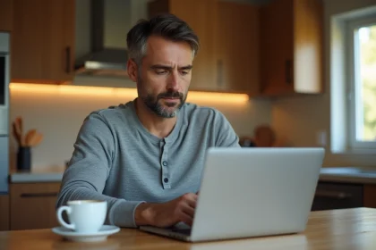 Particulier remplissant un formulaire de devis travaux en ligne sur un ordinateur portable dans sa cuisine rénovée