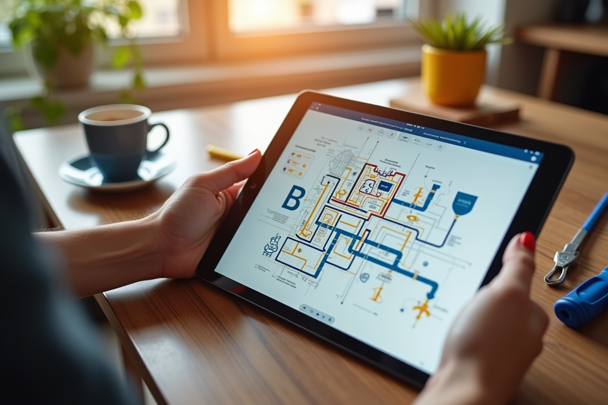 Mains tenant une tablette avec un diagramme de plomberie coloré