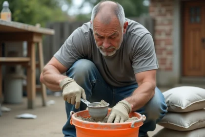 Homme mesurant du ciment dans un seau orange sur un chantier de jardin, guide dosage mélange ciment sable