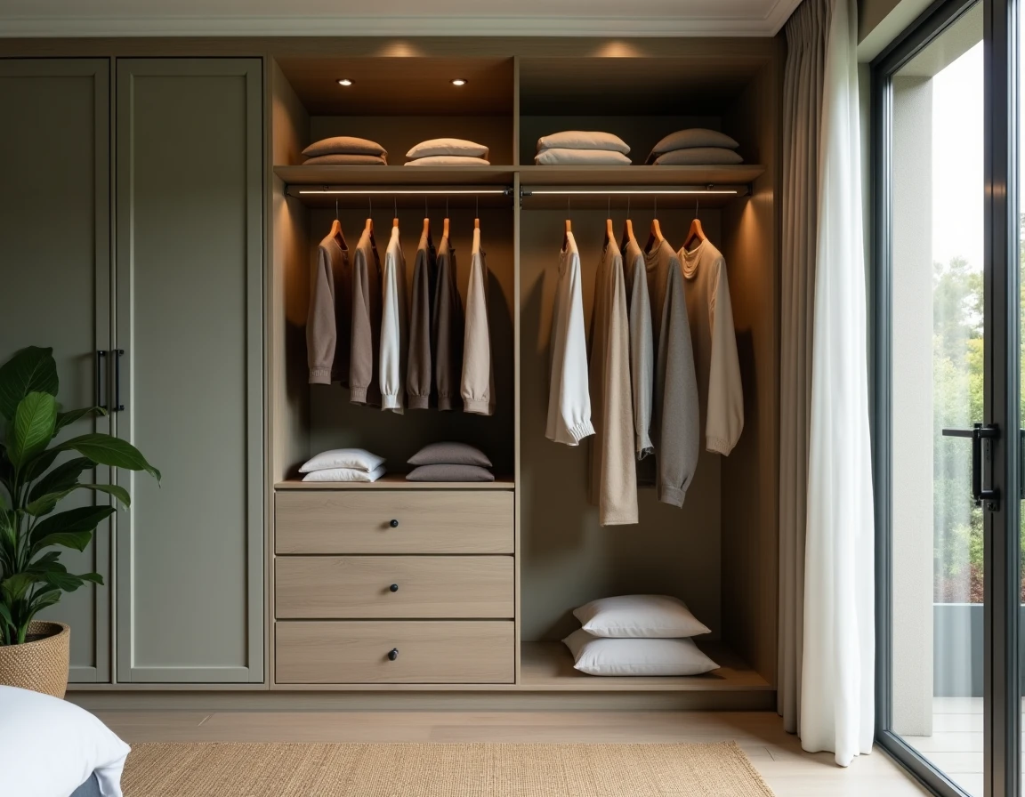 Dressing modulable terminé dans un placard en alcôve avec penderies, étagères ouvertes et tiroir accessoires dans une chambre verte