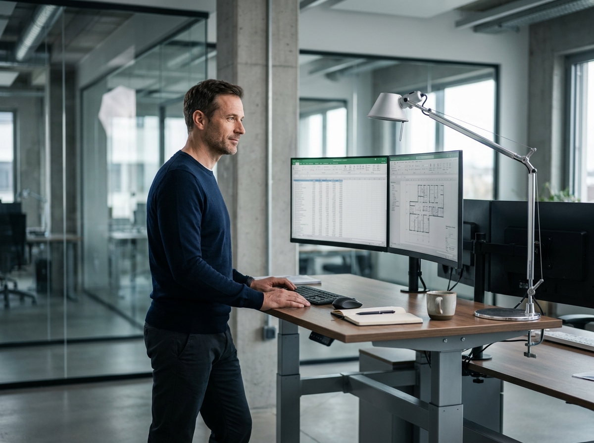 Homme debout devant un bureau assis-debout avec lampe architecturale en aluminium brossé dans un open space moderne
