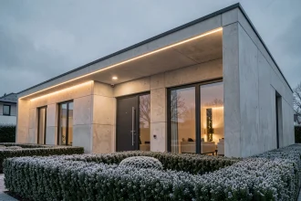 Maison contemporaine décorée avec des guirlandes LED blanches épurées pour Noël, façade en béton et grandes fenêtres, jardin avec haies basses givrées au crépuscule