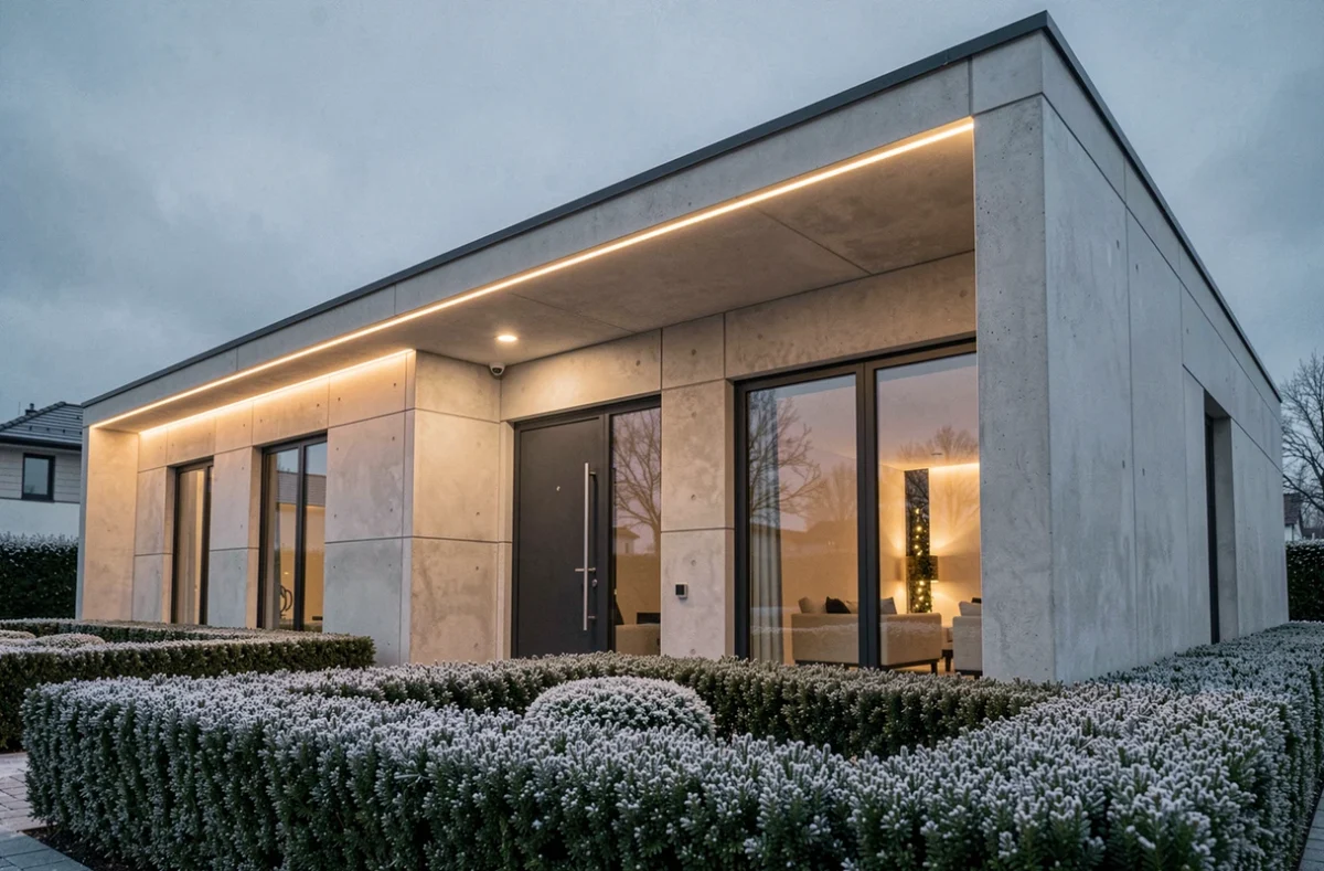 Maison contemporaine décorée avec des guirlandes LED blanches épurées pour Noël, façade en béton et grandes fenêtres, jardin avec haies basses givrées au crépuscule