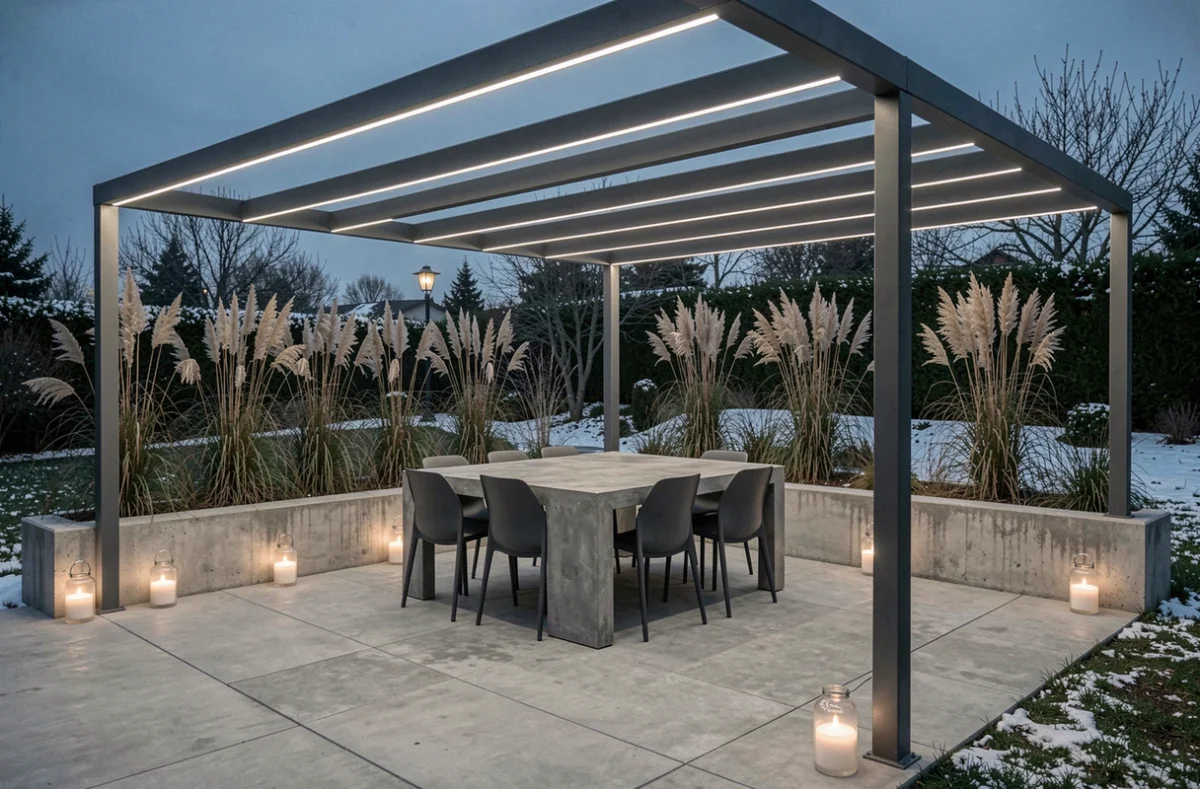 Terrasse extérieure de maison contemporaine décorée pour Noël avec pergola illuminée de LEDs intégrées, table en béton, lanternes givrées et graminées hivernales au crépuscule