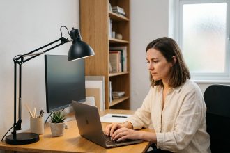 Femme travaillant à un bureau ergonomique avec lampe de bureau design en métal noir et plante verte