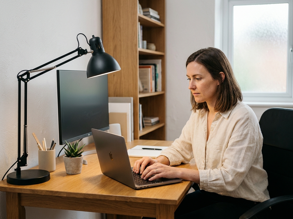 Femme travaillant à un bureau ergonomique avec lampe de bureau design en métal noir et plante verte