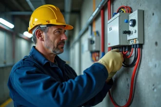 Électricien connectant les fils d'un BAES sur un mur en béton dans un couloir industriel