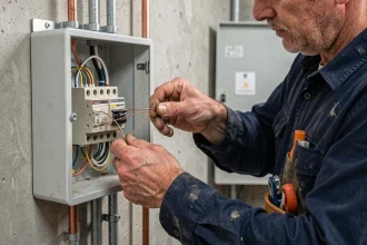 Électricien connectant un bouton poussoir Legrand à un télérupteur dans un tableau électrique résidentiel
