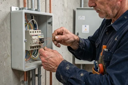 Électricien connectant un bouton poussoir Legrand à un télérupteur dans un tableau électrique résidentiel