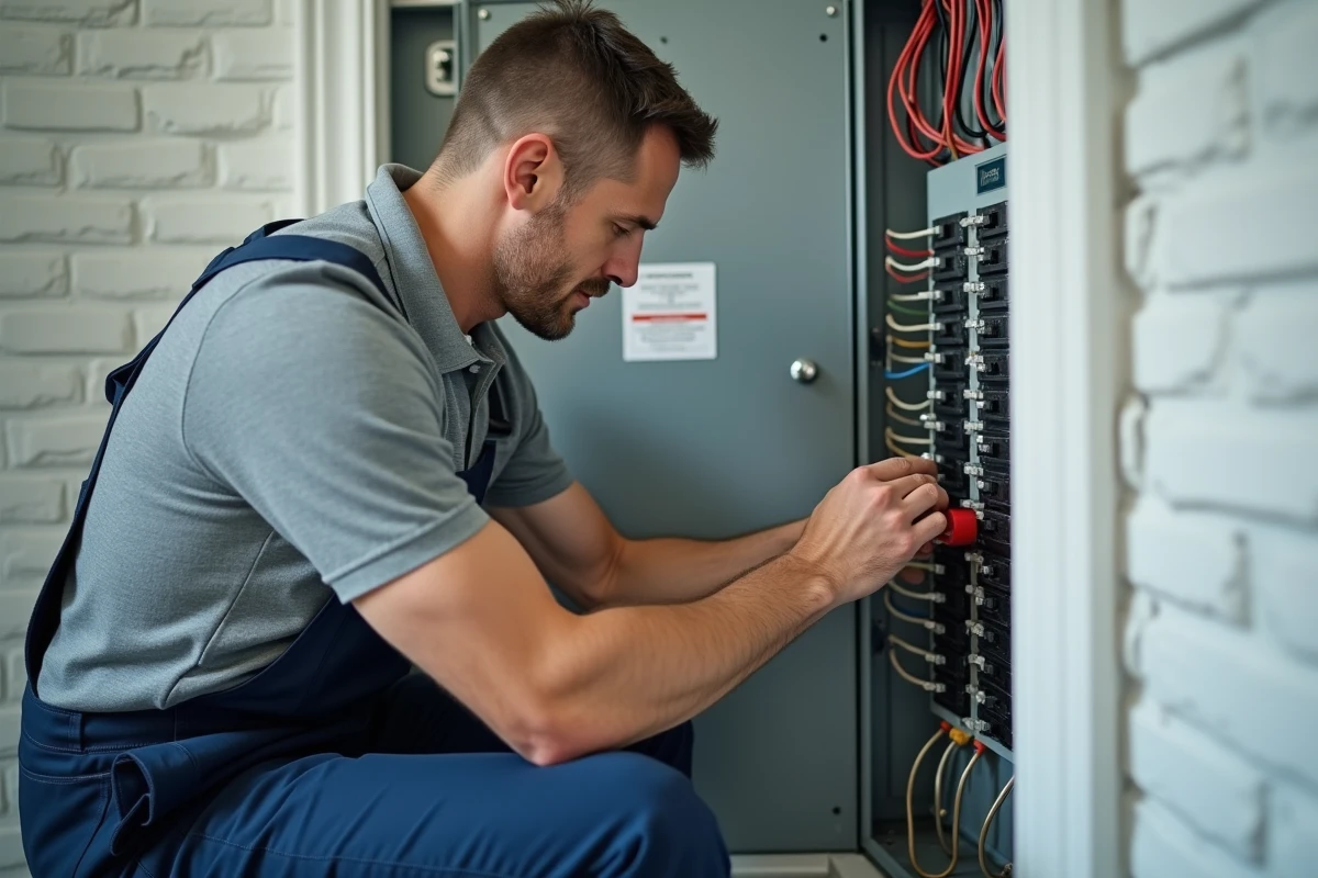 Électricien homme installant une prise électrique dans un local moderne