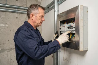 Électricien professionnel inspectant un tableau électrique résidentiel avec disjoncteurs différentiels de type A et AC
