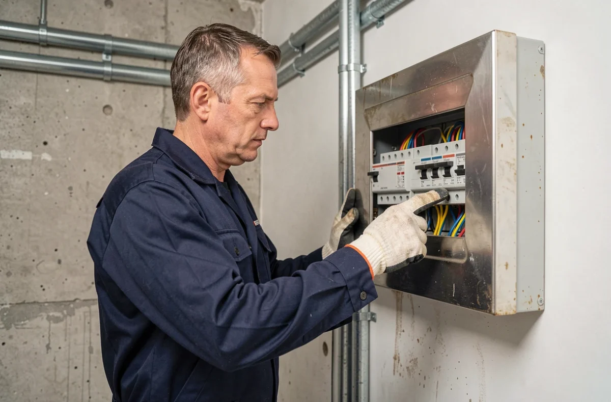 Électricien professionnel inspectant un tableau électrique résidentiel avec disjoncteurs différentiels de type A et AC