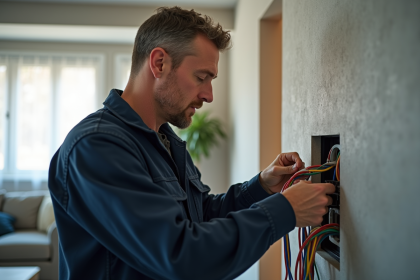 Électricien homme vérifiant câbles électriques dans une maison
