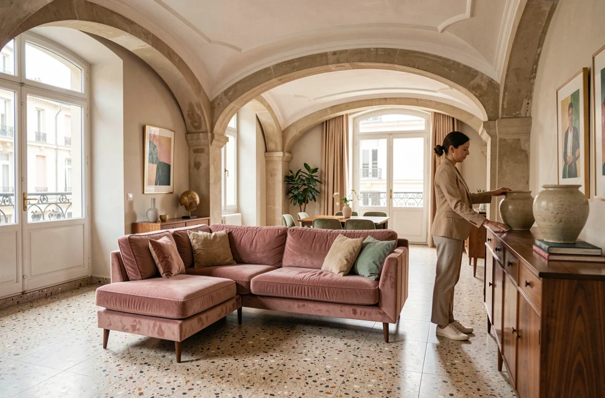 Appartement au Havre rénové par Emma Ducrocq alliant architecture Perret des années 1950, sol en terrazzo et décoration contemporaine avec canapé en velours rose poudré