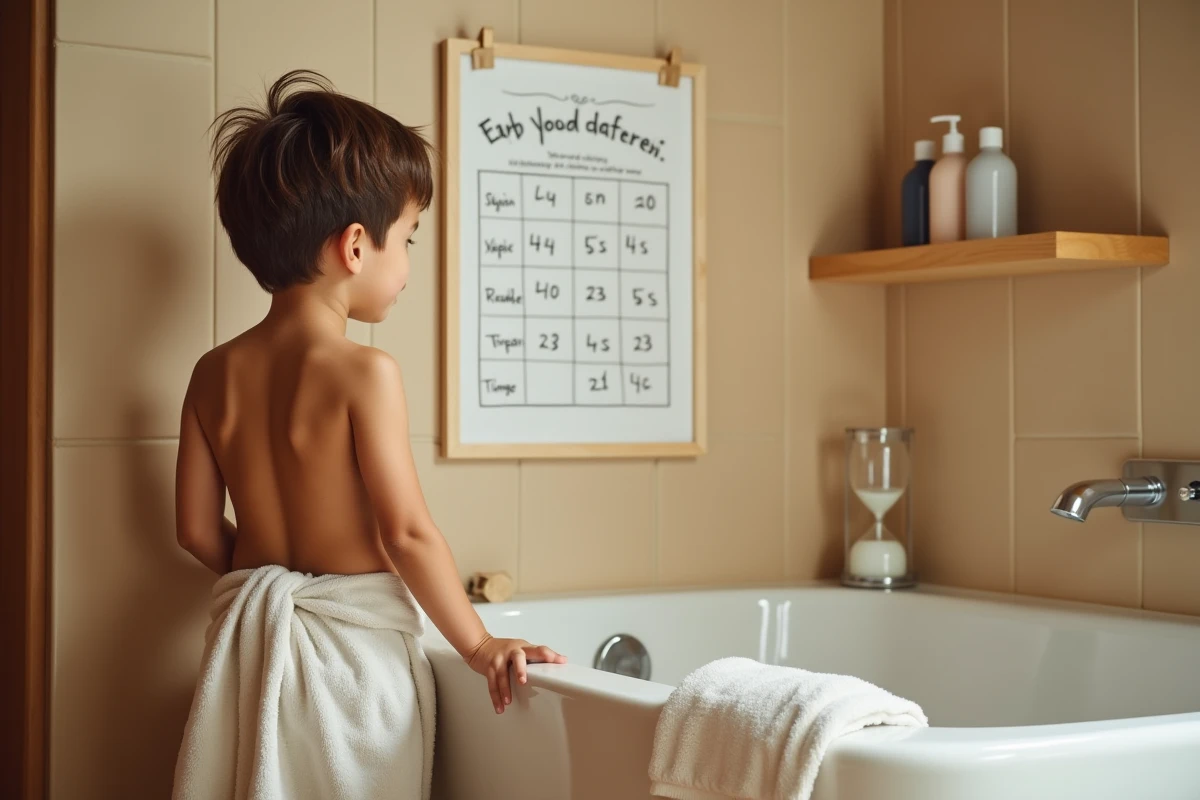 Jeune garçon consultant un tableau d'objectifs d'économie d'eau affiché dans la salle de bain familiale