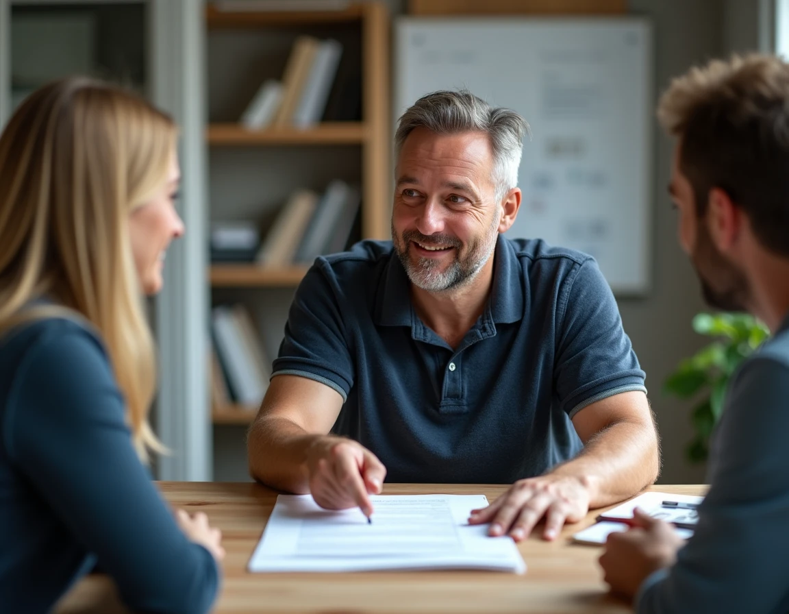 Entrepreneur expliquant un devis de r&eacute;novation &agrave; des propri&eacute;taires dans un bureau de construction belge