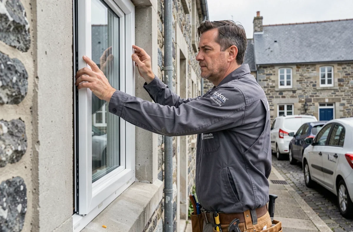 Technicien de l'entreprise Marchix posant une fenêtre PVC sur un bâtiment en pierre en Bretagne