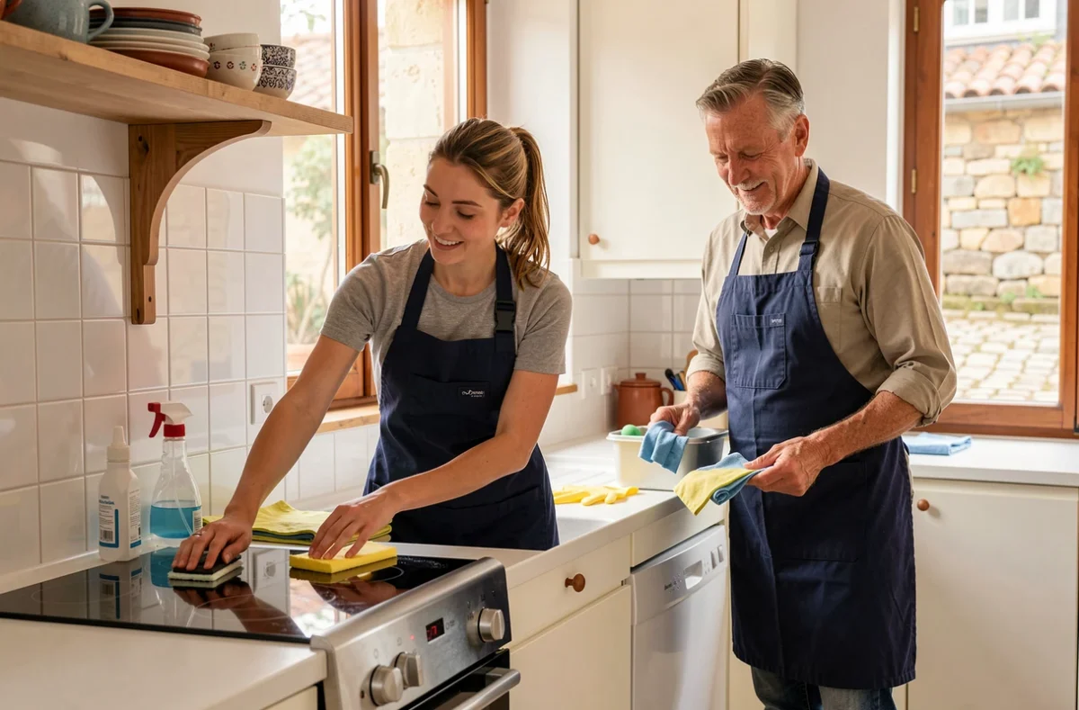 Deux agents de ménage professionnels nettoyant une cuisine dans une résidence à Rennes