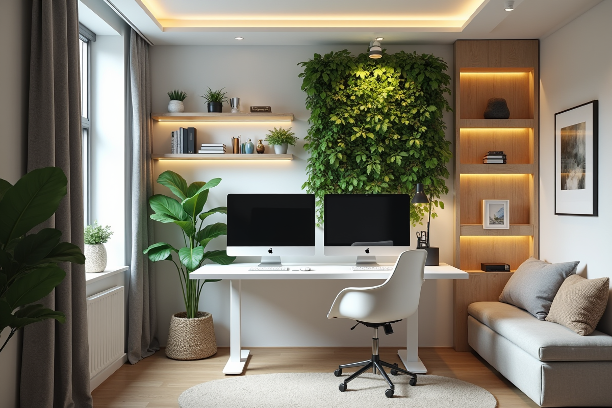 Espace de travail compact avec bureau debout et jardin vertical