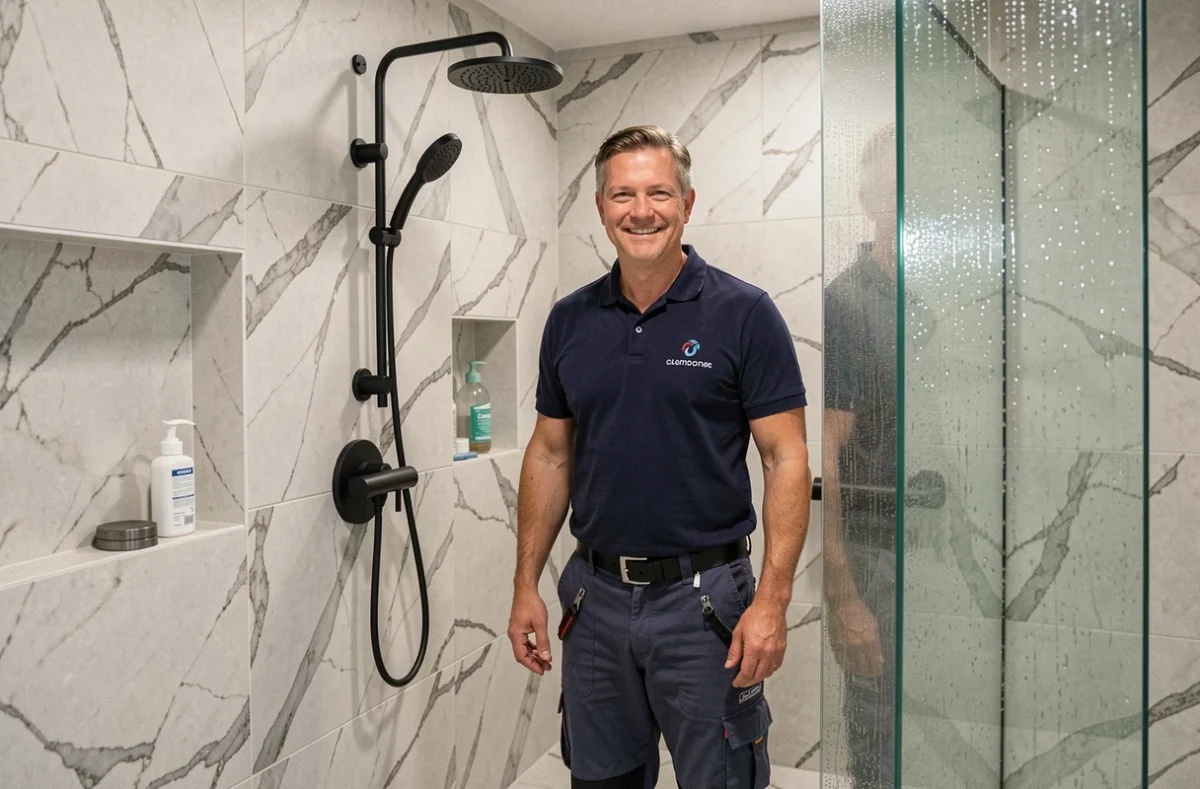 Installateur des Etablissements Pierre présentant une douche à l'italienne noire dans une salle de bain de l'Oise