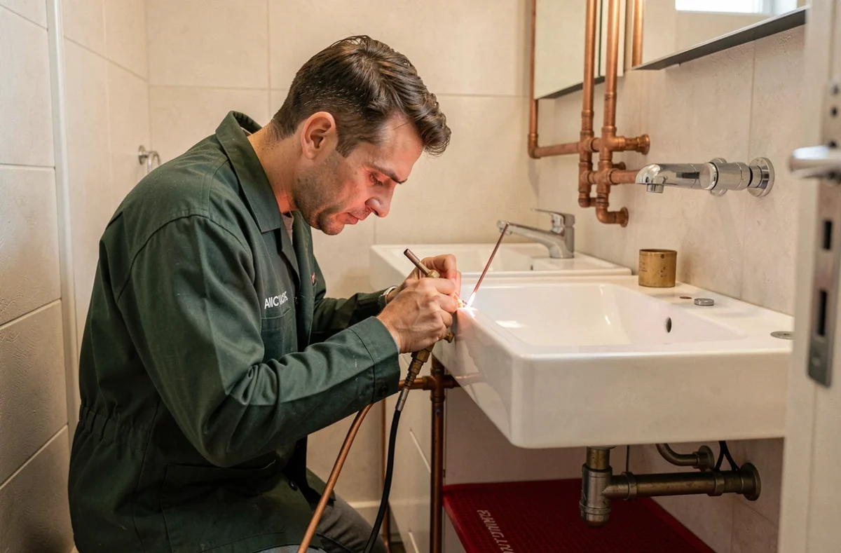 Vincent Siksik plombier soudant des raccords en cuivre sous un lavabo dans une salle de bain de l'Oise