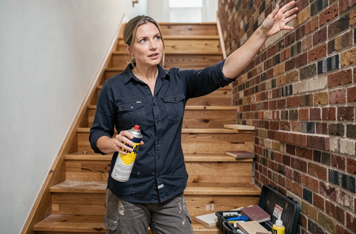 Experte en bricolage expliquant les alternatives au WD-40 pour réparer un escalier qui grince