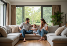 Taille d’un salon idéal : dimensions et aménagement à privilégier Famille souriante dans un salon moderne et spacieux