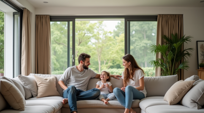 Famille souriante dans un salon moderne et spacieux