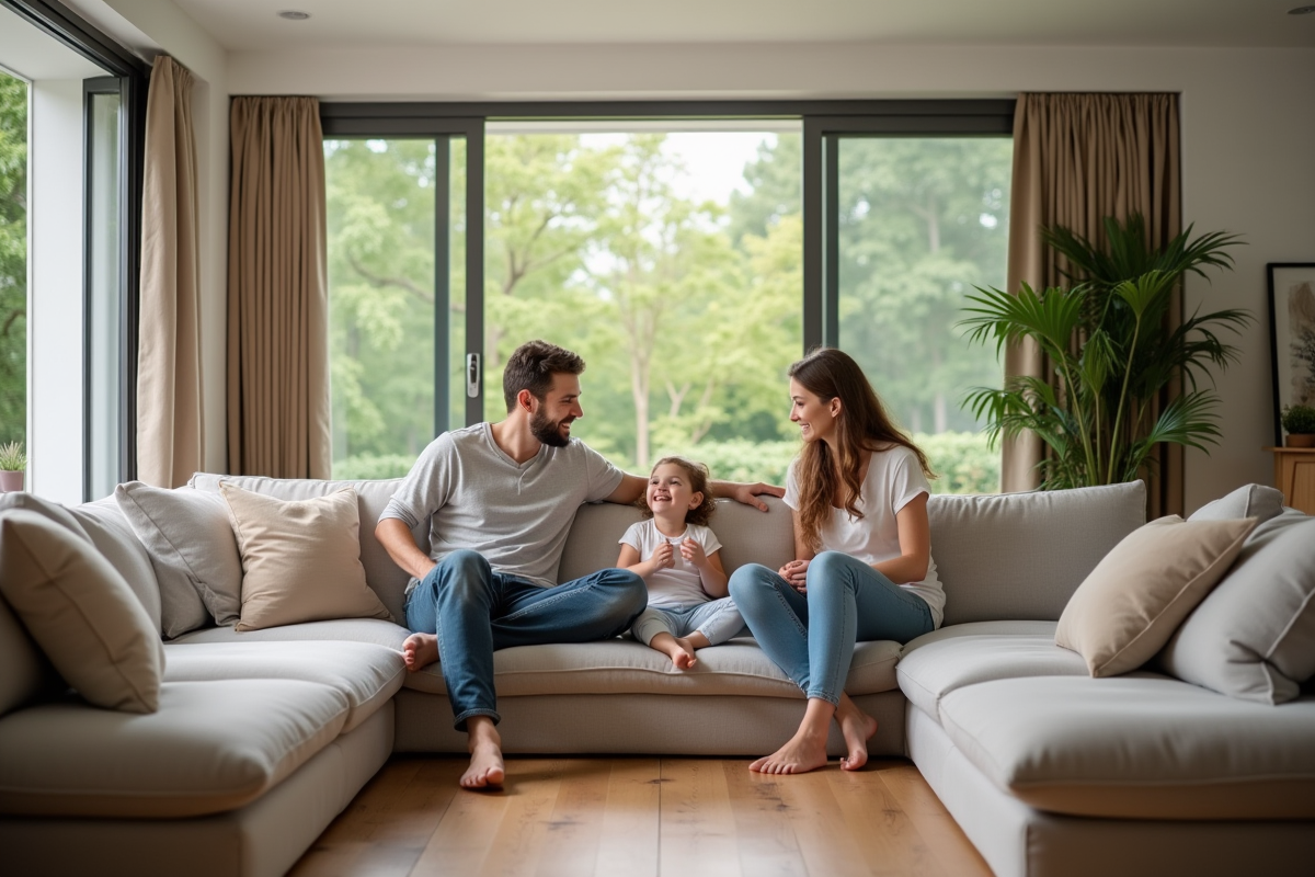 Famille souriante dans un salon moderne et spacieux
