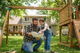 Famille dans le jardin assemble un jeu en bois
