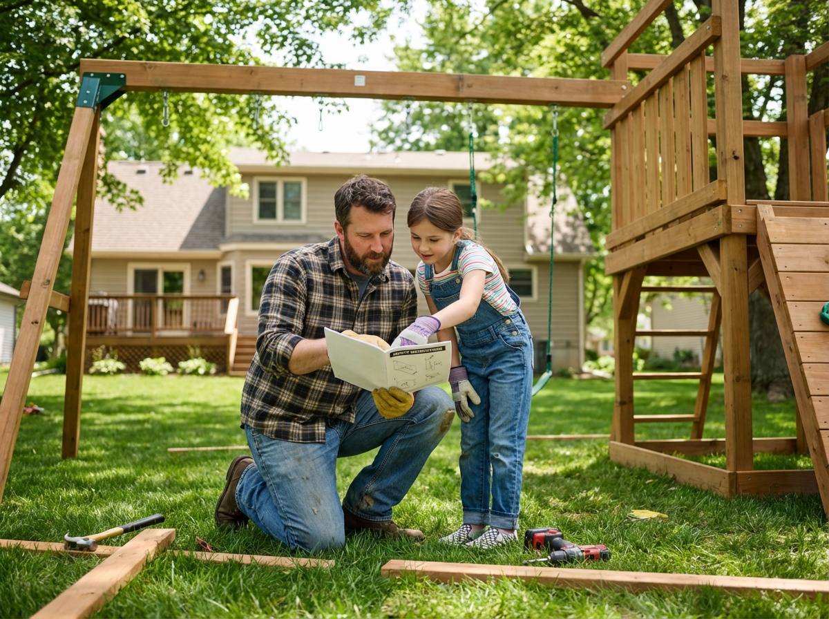 Famille dans le jardin assemble un jeu en bois