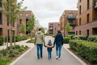Famille jeune marchant dans résidence moderne à Betton