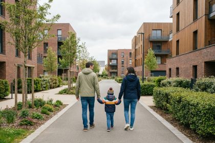 Famille jeune marchant dans résidence moderne à Betton