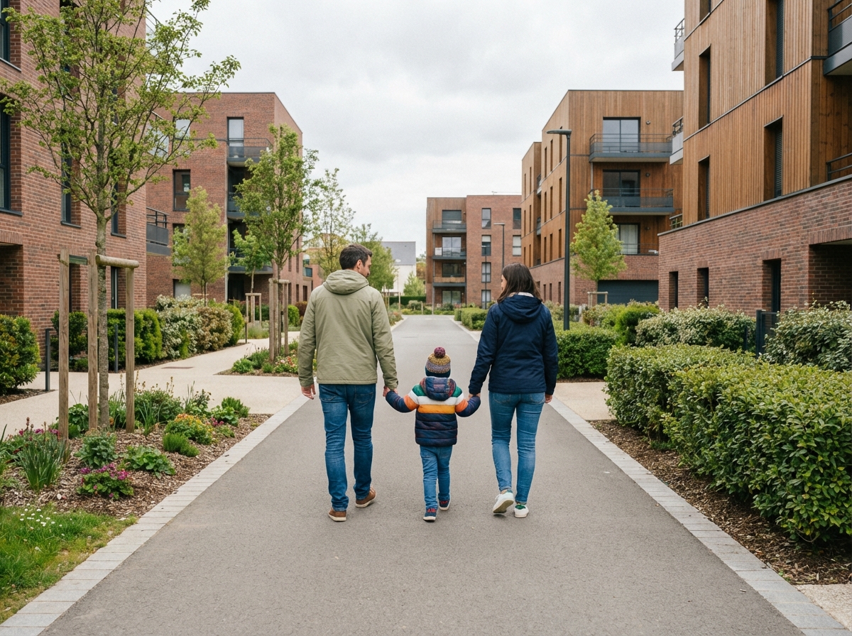 Famille jeune marchant dans résidence moderne à Betton