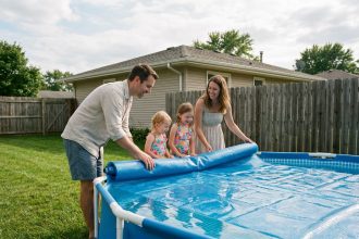 Famille souriante autour d'une piscine gonflable en été