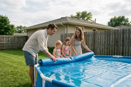 Famille souriante autour d'une piscine gonflable en été